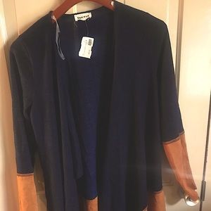 Faux suede trim knit long sleeve cardigan